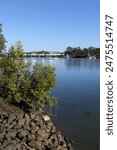 Burnett River with water, rocks, trees, bridge and boats in Bundaberg, Queensland, Australia