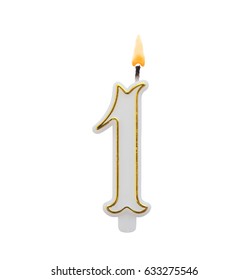 Burning birthday candle isolated on white background, number 1