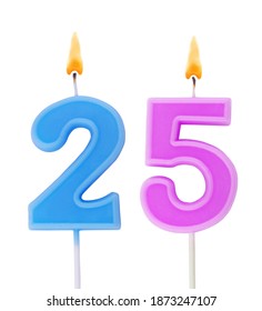 Burning birthday candles isolated on white background, number 25
