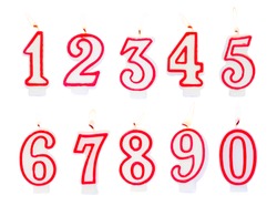 Burning Birthday Candles Numbers Isolated On White Background