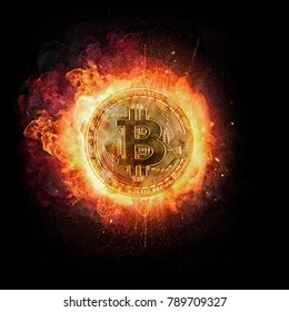 Burning Bitcoin crypto currency symbol, isolated on black background. Concept of digital currency and risk