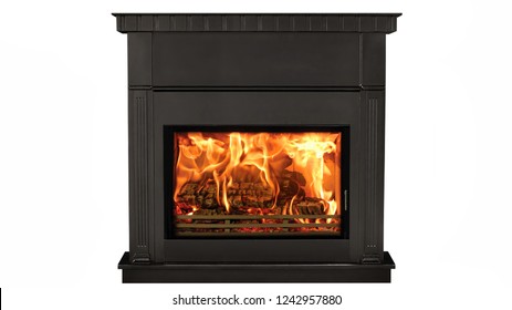 Burning Black Fireplace Isolated On White Background.