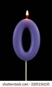 Burning Blue Birthday Candle Isolated On Black Background, Number 0