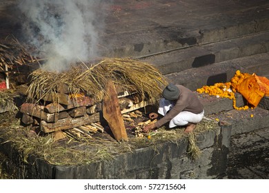 Burning Body. The Ritual Of Cremation In Kathmandu. Hinduism.