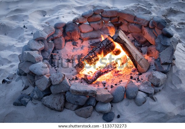 Burning Bonfire Rock Fire Pit On Stock Image Download Now