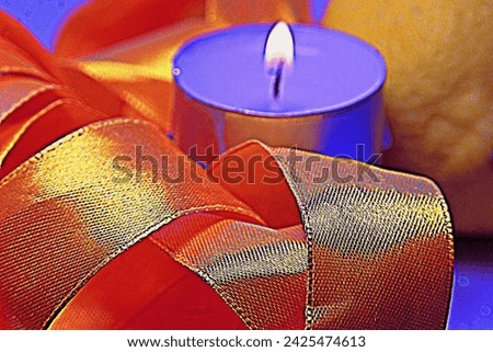Burning candle, beautiful, shiny, silk ribbon, lemon.