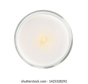 Burning Candle In Glass Holder On White Background, Top View