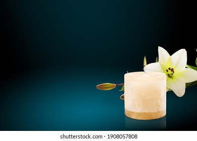 Burning Candle And White Calla Lily On Dark Background. Sympathy Card