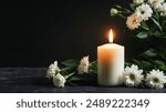 burning candlelight and white flowers tribute condolence memorial service announcement. with space for text an obituary, list of dead. Funeral concept