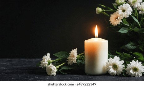 burning candlelight and white flowers tribute condolence memorial service announcement. with space for text an obituary, list of dead. Funeral concept