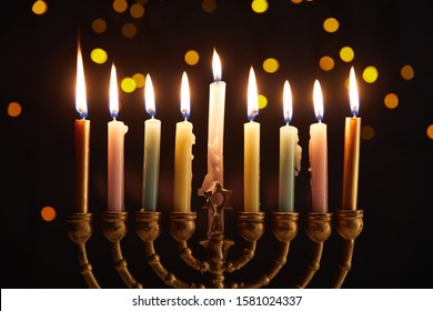 Burning Candles Menorah On Black Background Stock Photo 1581024337 ...