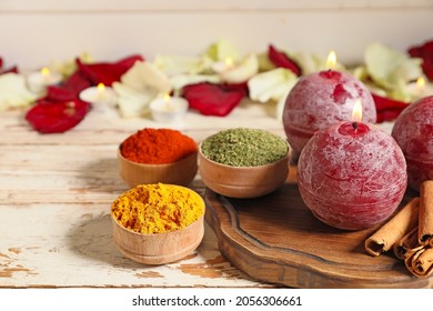 Burning Candles With Spices For Celebration Of Divaly On Table