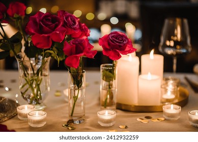 Burning candles for surprise marriage proposal. Luxury candlelight date in restaurant. Bokeh, garlands, bouquet flowers. Romantic dinner setup at night. Table set for couple, Valentine's Day evening.