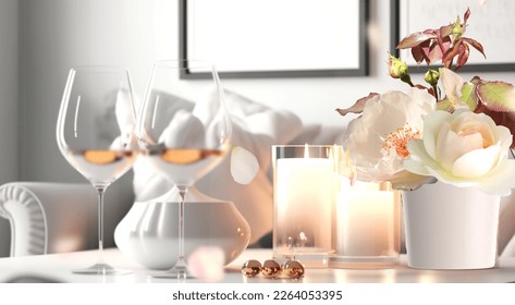  Burning candles ,white roses and glasses of wine for Valentine's Day on table in  modern white living room, closeup,romantic background 