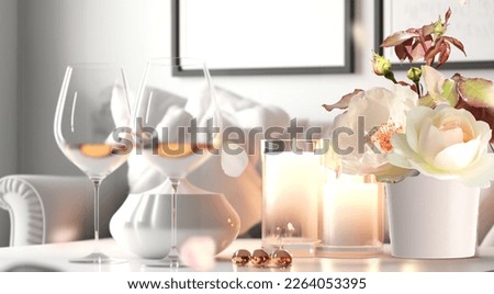  Burning candles ,white roses and glasses of wine for Valentine's Day on table in  modern white living room, closeup,romantic background 
