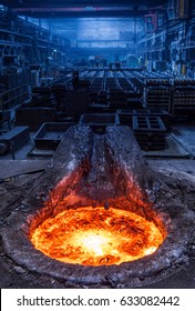 Burning Cast Iron In Induction Furnace, Molds In Background