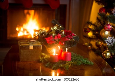 Burning Christmas Tree By Fireplace Golden Stock Photo 503222668 ...