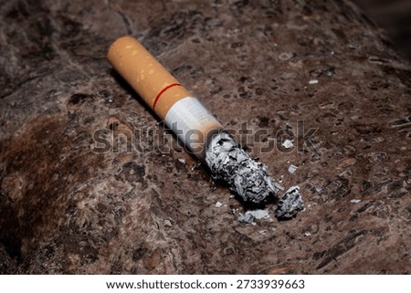 a burning cigarette with ashes lying on the surface of a tree