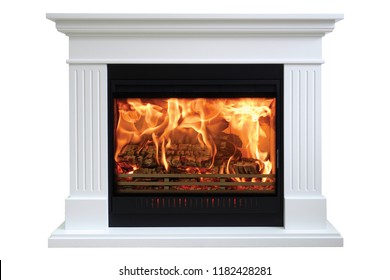 Burning classic fireplace of white marble. Isolated on white.