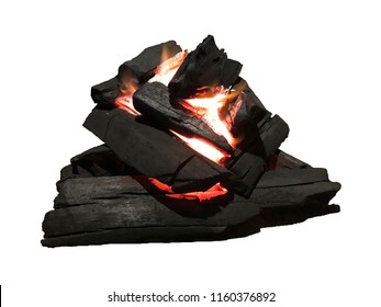 Burning Coal In A Barbecue Pit - Isolated On White