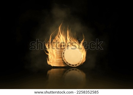 Burning coin in fire on black background, Cryptocurrency coins burning, Financial and cryptocurrency crisis concept.