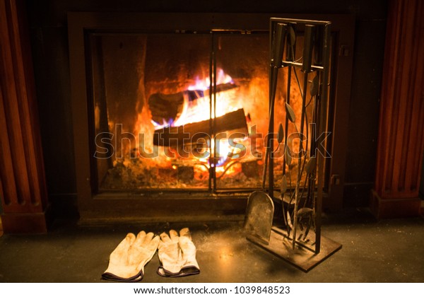 Burning Cozy Fireplace Hearth Tools Gloves Stock Photo Edit Now