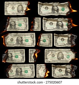 Burning dollars on black background