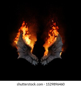 Burning dragon wings, dark atmospheric mood, can be used as fantasy background