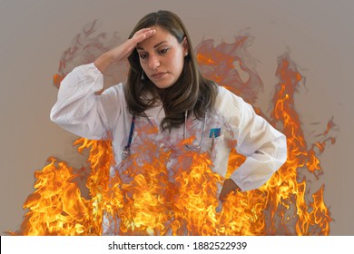 Burning Female Doctor Explains The Concept Of Burn Out Syndrome In Healthcare Professions.