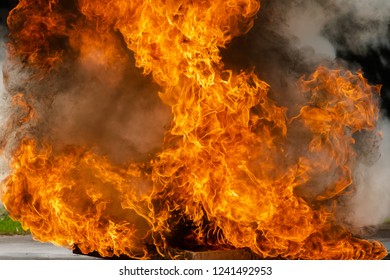 Burning Fire Flame With Fuel Oil, Gasoline Burning Up In Container, Fire Smoke And Pollution