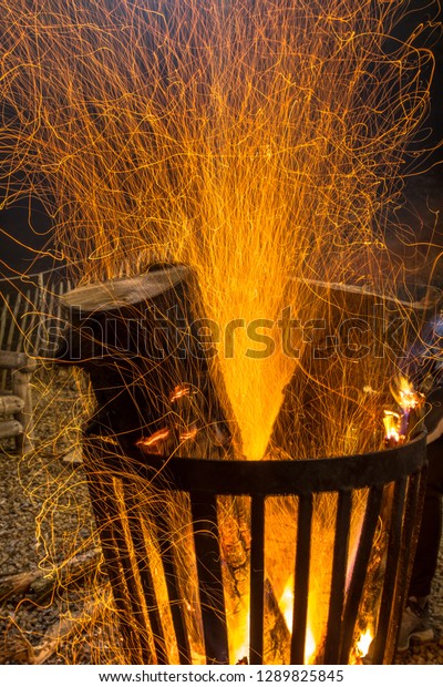 Burning Fire Pit Steel Basket Darkness Stock Photo Edit Now