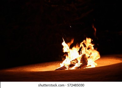 Burning Fire In Winter On Snow And At Night. Bonfire. Fire.