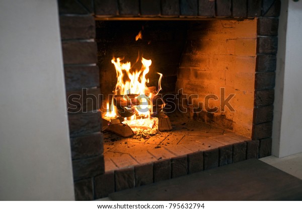 Burning Fireplace Fire Fireplace Operating Fireplace Stock Photo