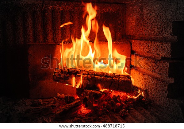 Burning Fireplace Burning Wood Brick Fireplace Stock Photo Edit
