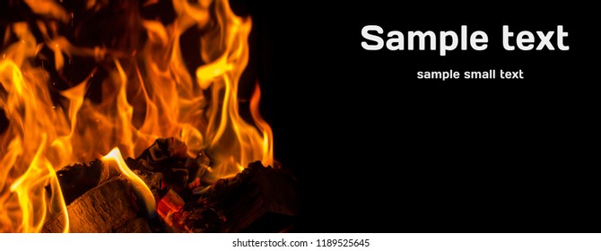 Burning Firewood In Flames Of The Fireplace Mockup Wide Postcard Banner
