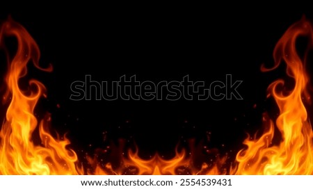 Burning flame background overlay with glowing fire edges, hot orange red light, realistic burning effect on black, fiery frame for design, intense flames border, glowing fire on dark background