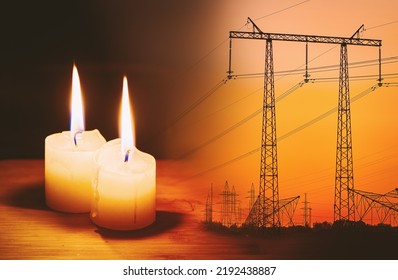 Burning flame candle and power lines on background. Energy outage and blackout. Energy crisis. Price increase of electricity for home and industry. - Shutterstock ID 2192438887