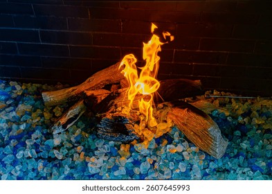 Burning flames of a fire in fire pit