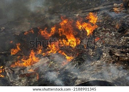 Burning of garbage. Set fire to illegal landfill. Flames and smoke. Environmental disaster.