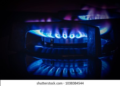 Burning Gas Burner. View Of The Gas Stove. The Concept Of Problems With Natural Gas, Rising Gas Prices, And Wastage. Natural Energy.