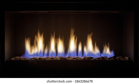 Burning Gas Fireplace Isolated On Black Color.