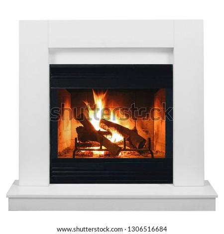 Burning gas fireplace isolated on white background.