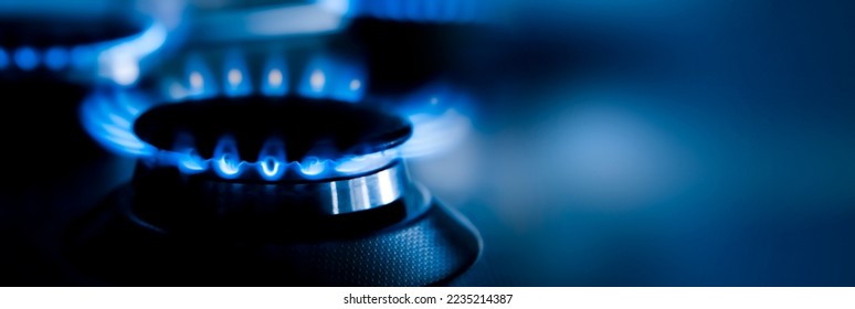 Burning gas flame on gas stove with blurred background
