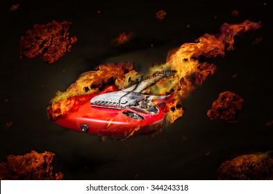Burning guitar flying in space among meteorites