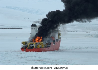 burning Icebreaker ship in the sea of Antarctic