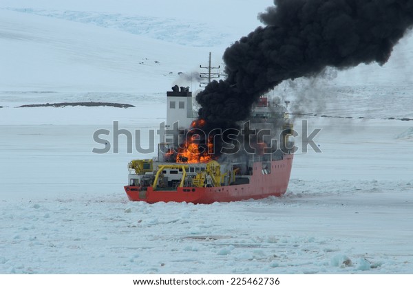 burning\
Icebreaker ship in the sea of\
Antarctic