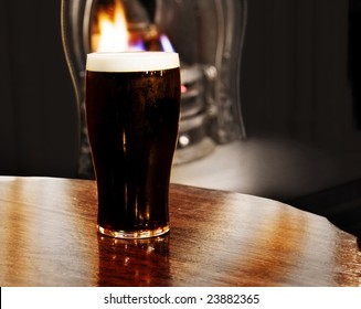 Burning Irish Black Beer. Shot Inside A Dublin Pub.