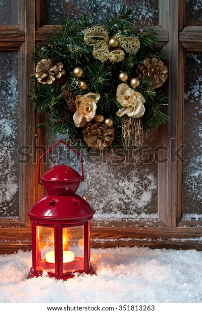 Burning Lantern Christmas Decoration Winter Window Stock Photo