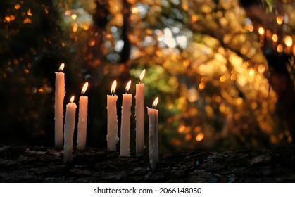 Burning Magic Candles In Mystery Dark Forest, Abstract Natural Background. Fairy Scene. Witchcraft Ritual. Autumn Season. Mabon, Samhain Sabbat, Halloween Holiday Concept