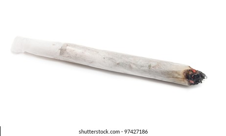 Burning marijuana joint isolated on white background.
